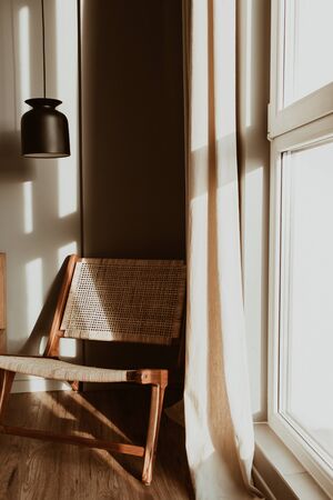 Modern stylish bedroom interior design concept. Cozy neutral Scandinavian tan colored living room with furniture.の写真素材