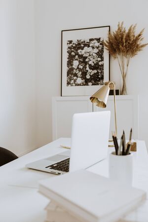 Workspace with laptop, lamp, reeds foliage, photo frame. Working study office. Outsourcing freelancer, blogger, women's, girl boss concept.の写真素材