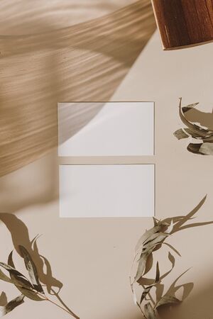 Blank paper sheet cards with mockup copy space, wooden tray and dry leaves with sunlight shadow on...