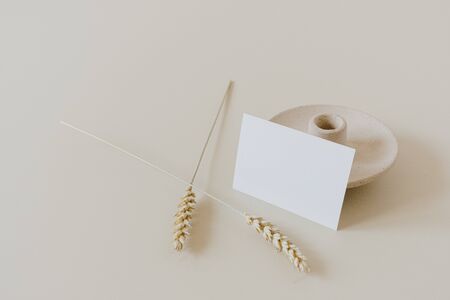 Blank paper cards with mockup copy space and wheat / rye stalks on beige background. Minimal business brand template.の写真素材