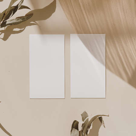 Blank paper sheet cards with mockup copy space, wooden tray and dry leaves with sunlight shadow on beige background. Minimal business brand template. Flat lay, top viewの写真素材