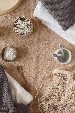 Beauty, health care morning routine products. Female spa, wellness, treatment essentials. Overhead viewの写真素材