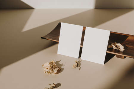 Blank paper sheet cards with empty copy space and wooden tray, dry flowers with sunlight shadows on beige background. Business mock up template.の写真素材