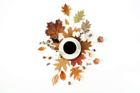 Cup of coffee with milk, cotton buds, acorns, dry leaves on white background. Flat lay, top view.