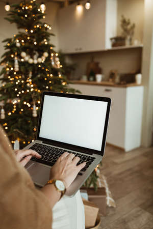 Young woman work on laptop computer with blank display screen with mockup copy space. Modern home living room interior decorated for Christmas celebration with Christmas tree and garland lights.の写真素材