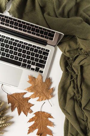 Home office table desk workspace with laptop, dry autumn leaves and blanket. Fall autumn concept. Flat lay, top view.の写真素材