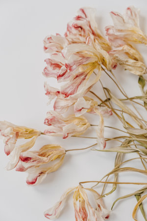 Dry tulip flower pattern on white background. Flat lay, top view minimal neutral floral background.の写真素材
