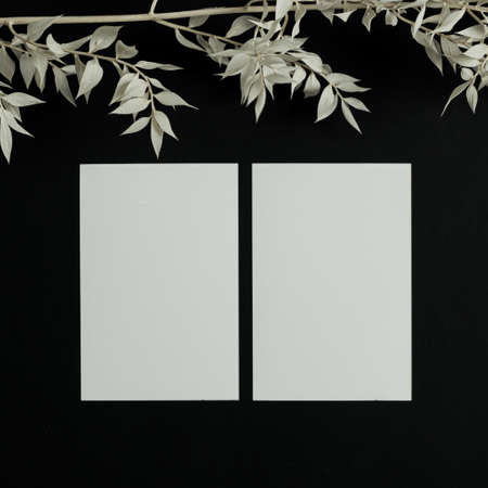 Blank paper business cards with mockup copy space on black background with floral branch. Minimal business template. Flatlay, top view.の写真素材