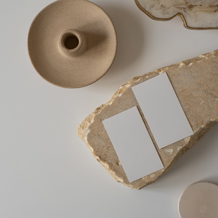 Flat lay of blank paper sheet cards with mockup copy space and flower, marble stone on white background. Aesthetic minimal business template for social media. Top view, flatlayの写真素材