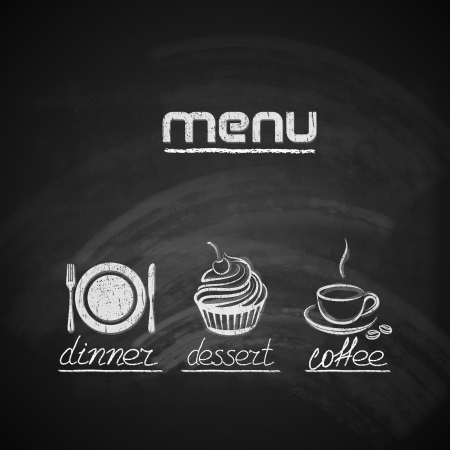 vintage chalkboard menu design with plate, fork and knife, cupcake and coffee cupのイラスト素材