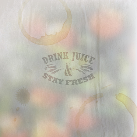Quote typographical label on vintage blurred paper background of orange grove with faded watercolor effect and coffee blots, vector design   Drink juice and stay fresh   のイラスト素材