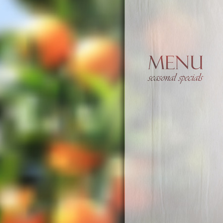 Restaurant menu design on blurred background of orange grove with semi transparent wrinkled paper texture  のイラスト素材