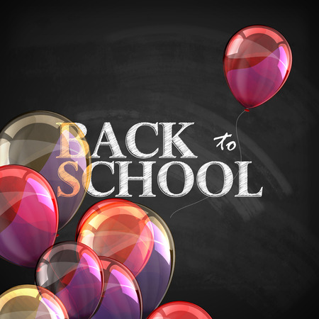 back to school. educational illustration with blackboard texture and flying multicolored transparent balloonsのイラスト素材