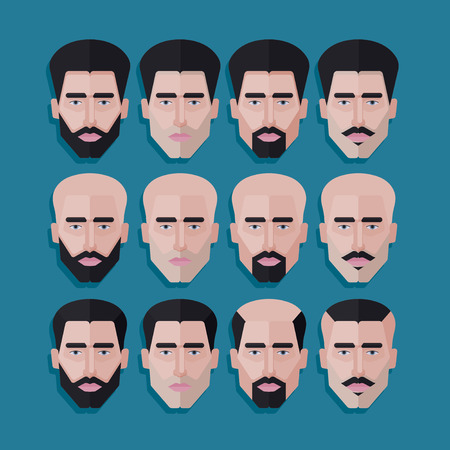 vector set of male faces in flat polygonal style. men hair style iconsのイラスト素材