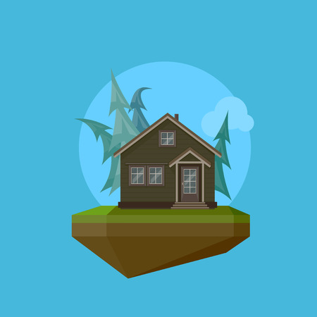 Illustration of a cartoon house in flat polygonal style and flying islandのイラスト素材