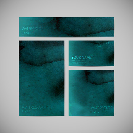 set of vector visual corporate identity with paint watercolor splash background. artistic background for web or printed media design. set of business brand stationery design template. banner, business card, flyer, invitation, greeting card and postcardのイラスト素材