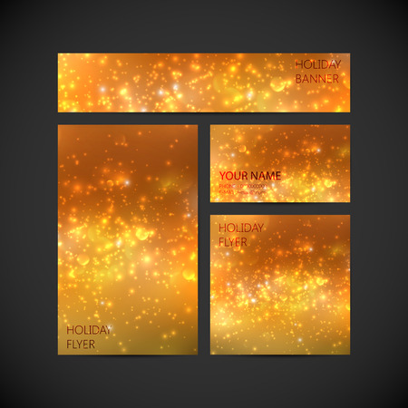 set of vector visual corporate identity with orange holiday shiny background with sparkles and glitters. set of business brand stationery template for web or printed media design. banner, business card, flyer, invitation, greeting card and postcardのイラスト素材