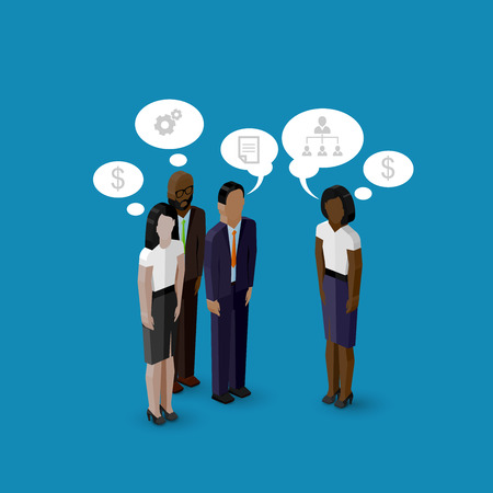 vector 3d isometric cartoon illustration of men and women characters. corporate business infographic or advertising template. communication conceptのイラスト素材