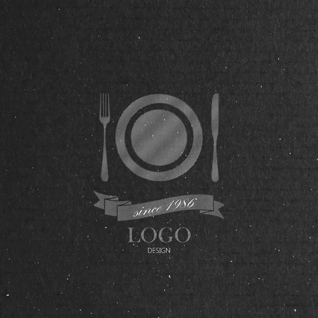 vector illustration with engraving plate, fork and knife  in flat style on cardboard texture. restaurant menu logo designのイラスト素材