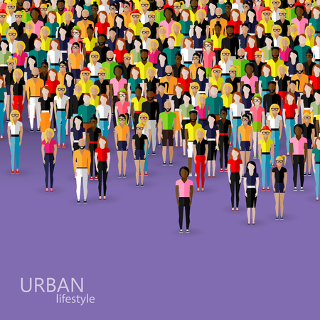 vector flat illustration of society members with a crowd of men and women. population. urban lifestyle conceptのイラスト素材