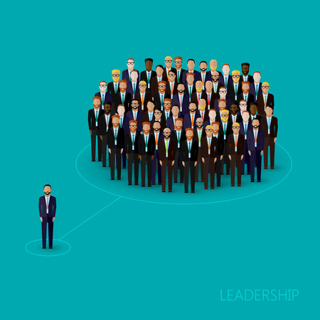 vector flat illustration of a leader and a team. a crowd of men (business men or politicians) wearing suits and ties. leadership conceptのイラスト素材