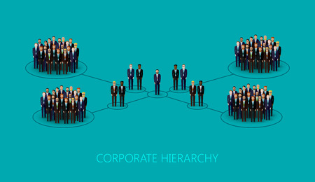 vector flat illustration of a corporate hierarchy structure. a crowd of men (business men or politicians) wearing suits and ties. leadership concept. management and staff organizationのイラスト素材