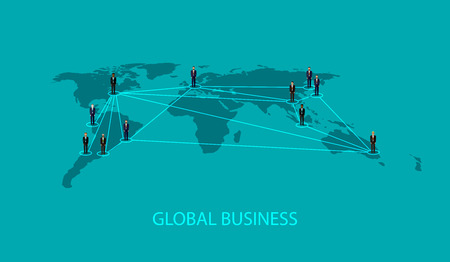 vector flat illustration of business people standing on the world global map shape. infographic global business cooperation concept.のイラスト素材