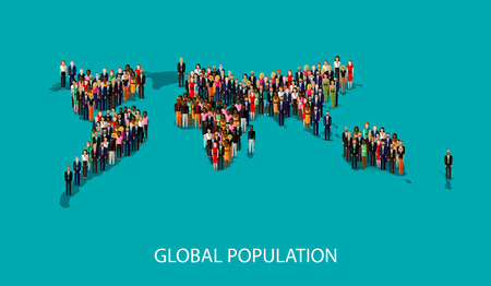 vector flat illustration of people standing on the world global map shape. infographic global population conceptのイラスト素材