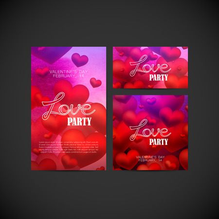 vector illustration of flyer and invitation cards design with red hearts on watercolor background. Love party. Valentines Dayのイラスト素材
