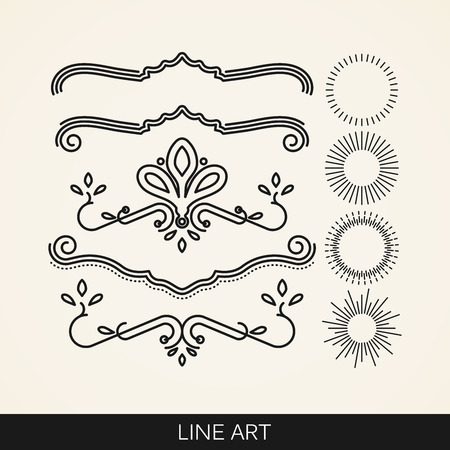 vector set of  line art elements for design, sunburst and ray lights shapesのイラスト素材
