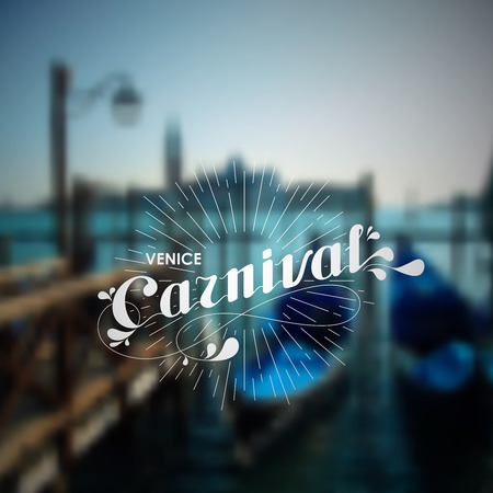 vector holiday illustration of blurred Venice cityscape with ornate typographic label and light rays. Venice carnival lettering template designのイラスト素材