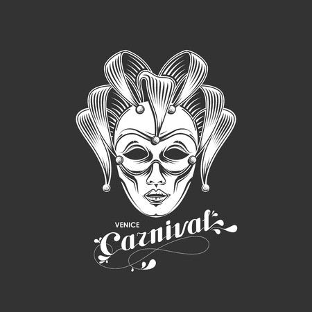 vector illustration of engraving venetian carnival mask emblem and ornate lettering logo. Venice carnival symbolのイラスト素材