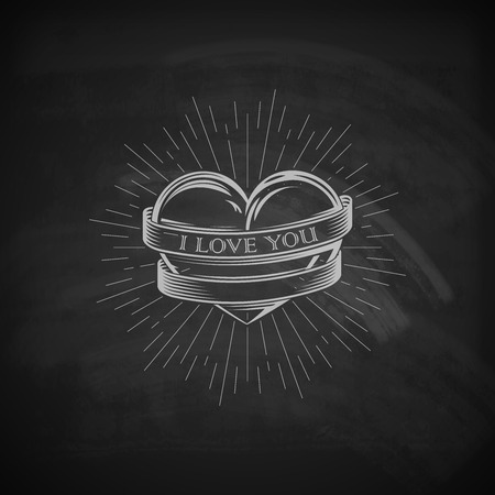 vector illustration of engraving heart,  ribbon and burst light rays emblem on the chalkboard texture. I love you. Happy Valentines Dayのイラスト素材