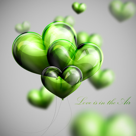vector holiday illustration of flying bunch of green balloon hearts. Valentines Day or wedding background. Love is in the Airのイラスト素材