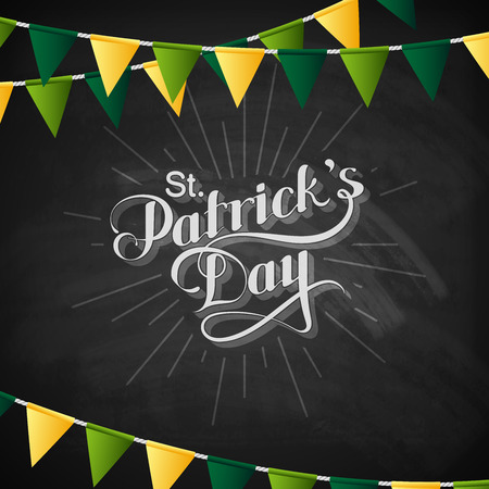 vector chalk typographical illustration of handwritten Saint Patricks Day label on the blackboard background with festive flags. holiday lettering compositionのイラスト素材