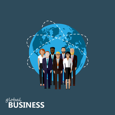 vector flat illustration of business or politics community. a group of men and women (business community or politicians) wearing suits, ties and dresses. summit or conference family image. global business conceptのイラスト素材