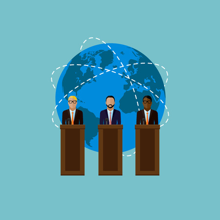 vector flat  illustration of a speakers and globe symbol. politicians. election debates or international affair press conference conceptのイラスト素材