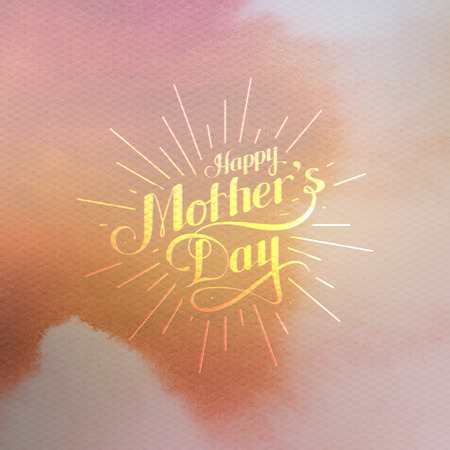 vector typographic illustration of handwritten Happy Mothers Day retro label with light rays on watercolor background. lettering composition. postcard designのイラスト素材