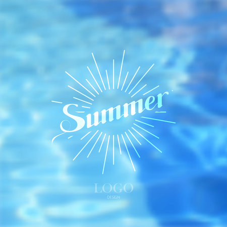vector illustration of swimming pool. water background. summer label with light rays. lettering emblemのイラスト素材