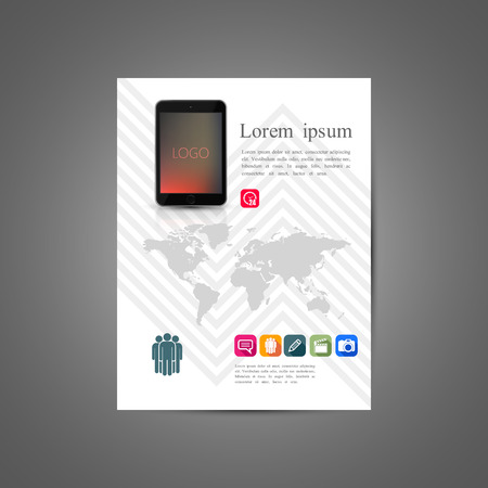 vector illustration of business brochure or flyer template design with world map, tablet computer and flat icons. infographicsのイラスト素材