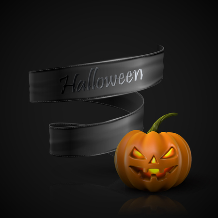 Halloween Pumpkin Jack Lantern with black ribbon. Holiday Vector Illustration Of Realistic Pumpkinのイラスト素材