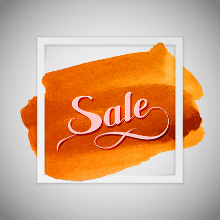 Sale label on the orange watercolor stain. Promotional poster templateのイラスト素材
