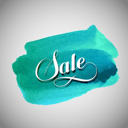 Sale label on the azure watercolor stain. Promotional poster template with lettering compositionのイラスト素材