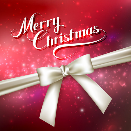 Merry Christmas. Holiday Vector Illustration. Lettering Composition On The Red Shiny Background With Sparkles And White Bowのイラスト素材