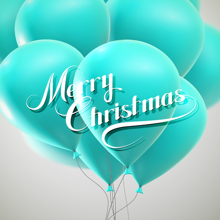 Merry Christmas lettering composition on the background of flying azure balloons. Holiday Vector Illustrationのイラスト素材
