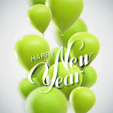 Happy New Year Lettering Composition On The Background Of Flying  Balloons. Holiday Vector Illustrationのイラスト素材