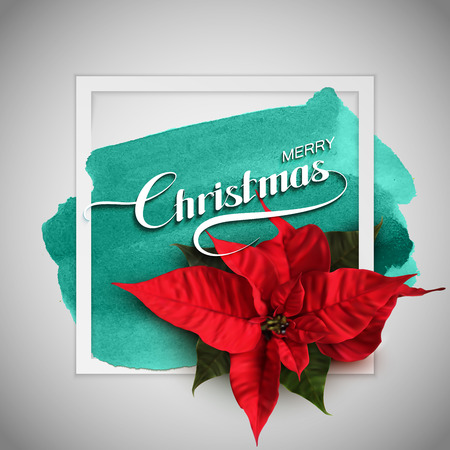 Merry Christmas. Vector Holiday Illustration With Lettering Label And Poinsettia Flowers On Watercolor Stainのイラスト素材