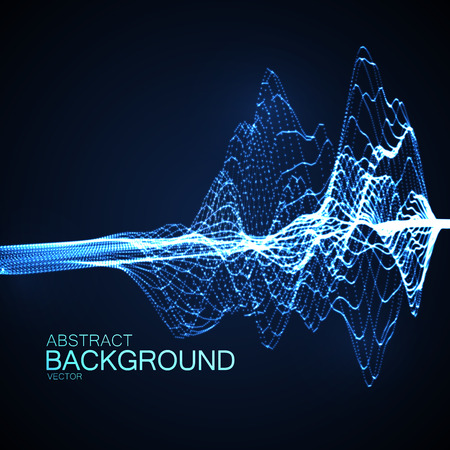 3D illuminated abstract digital wave of glowing particles and wireframe. Futuristic vector illustration. HUD element. Technology concept. Abstract backgroundのイラスト素材