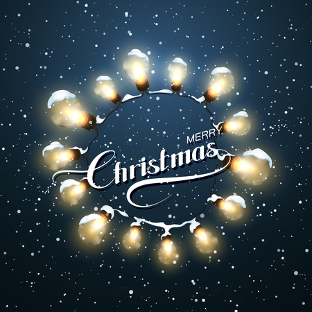 Merry Christmas. Christmas Light Wreath. Vector Holiday Illustration of Luminous Electric Wreathのイラスト素材