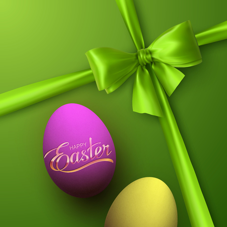 Easter Eggs With Holiday Golden Lettering. Vector Easter Illustration With Green Bow, Ribbon And Easter Eggs. Holiday Religion Christian Easter Symbolのイラスト素材